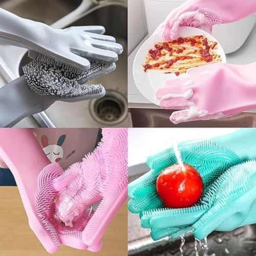 Image of Magic Silicone Dishwashing Gloves with Scrubber Bristles Pink