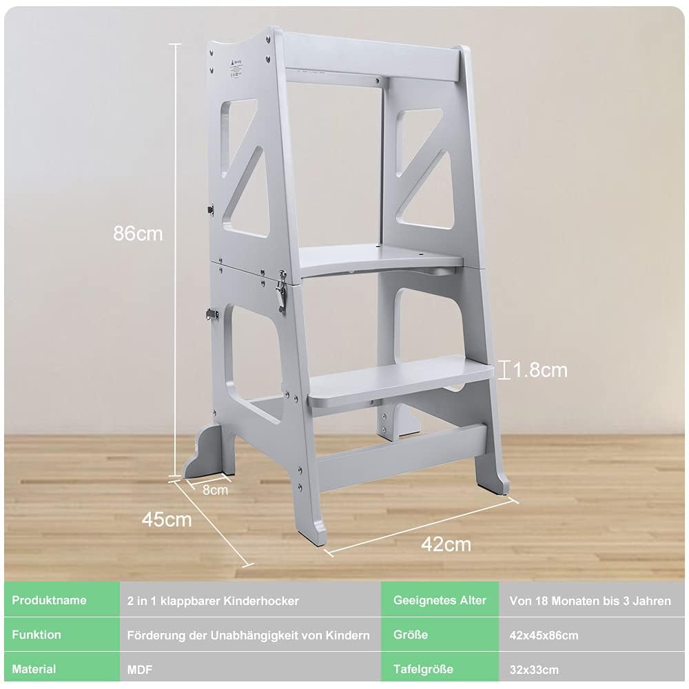 YOLEO Lernturm ab 1 Jahr, 3 in 1 Learning Tower für Kinder, Klappbare Tritthocker mit Rausfallschutz, mit doppelseitiger magnetischer Tafel, Küchen-/Badezimmerhelfer (Grau)