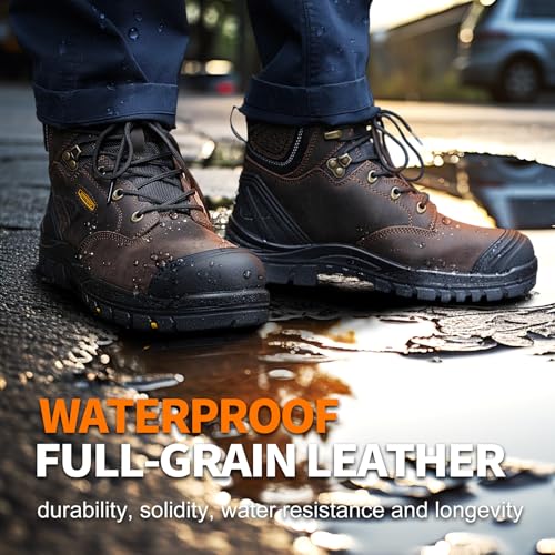 Image of Men's Work Boots, Oiled Nubuck Leather Steel Toes Mens Work Shoes, Non Slip Lace Up Protective Shoes, 8 Inch, Anti-Static, Anti-Puncturing, Anti-Fatigue (AT505, Brown)