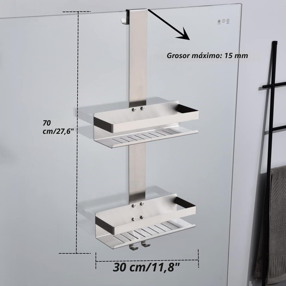 Estantería de ducha para colgar, estante de ducha de 2 estantes para colgar | SUS304 H30BN-2DH - Cesta de ducha doble de acero inoxidable con gancho para mampara de cristal