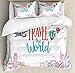 Ambesonne Saying Duvet Cover Set, Travel The World Lettering with Around World Landmarks Balloons Work of Art Image, Decorative 3 Piece Bedding Set with 2 Pillow Shams, King Size, Blue Grey