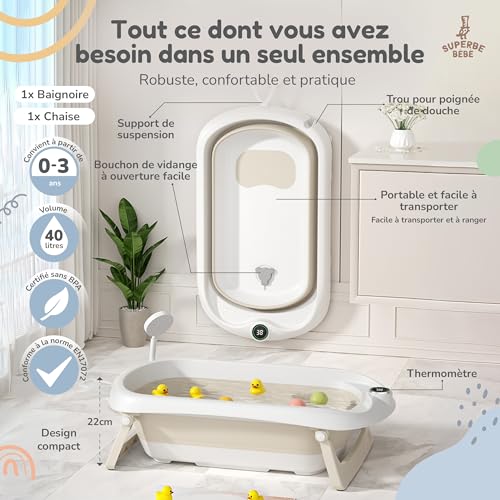 Baignoire Bébé Pliable XXL Avec Transat De Bain Pour Bebe & Thermomètre Intégré - Baignoire Enfant Avec Siege De Bain Pour Bebe - baignoire Bebe Sur Pied - Cadeau De Naissance Fille Ou Garçon – vue 2