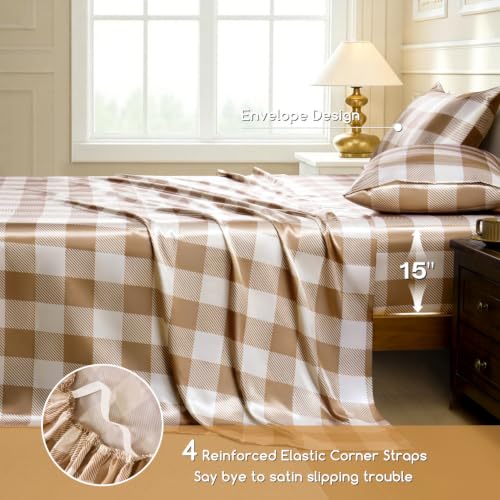 Image of MR&HM Satin Bed Sheets with Elastic Corner Straps, Queen Size Sheets Set, 4 Pcs Silky Bedding Set with 15 Inches Deep Pocket for Mattress (Queen, Latte Check)