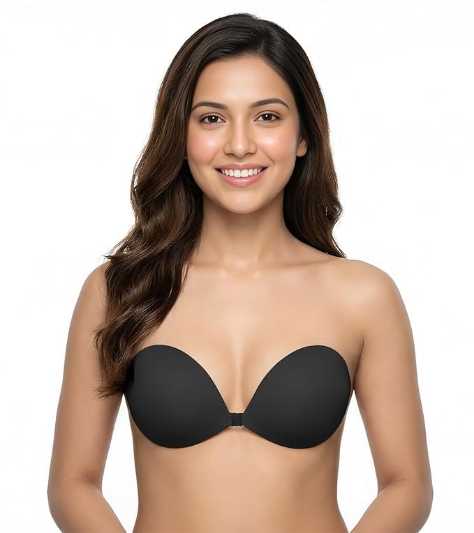 Invisible Adhesive Bra for Women, Reusable Strapless Backless Sticky Bra with Front Clasp, Self Adhesive Push Up Silicone Bra for Deep V Neck, Wedding, Party, Evening Dress, Nude & Black-picture-51