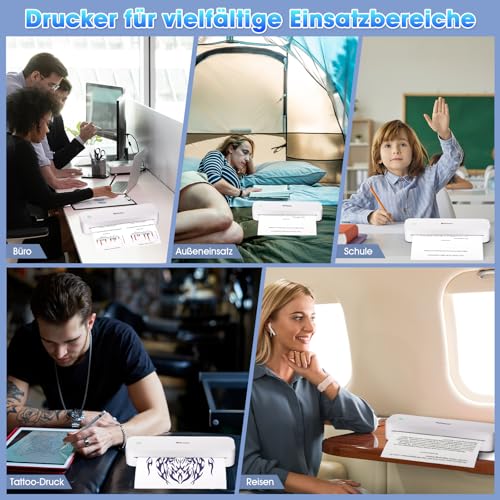 Pristar D210 Thermodrucker A4, Tragbarer Drucker Kompatibel mit iOS/Android und Laptops, Mobiler Drucker A4 für Unterwegs, Büro, Auto, Schule, Zuhause, Bluetooth Thermodrucker Tattoo, Weiß