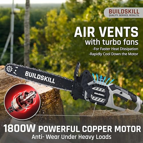 Image of BUILDSKILL Electric Chain Saw - 1800W Copper Motor | 16 inch Guide Bar | 4150 RPM No Load Speed |Quick Adjustment | High Strength Electric Saw for Wood Cutting
