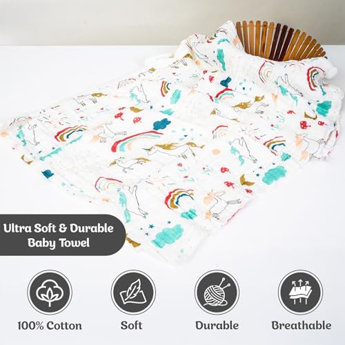 Image of Muslin Bath Towel for Babies - 6 Layer Premium Cotton, Super Soft, Breathable & Highly Absorbent, Gentle on Sensitive Skin for Kids Boys and Girls (105 * 50 CM, Unicorns)