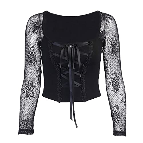 Image of DINGJIUYAN Crop Tops for Women Gothic Sheer Mesh Flower Long Sleeve Slim Shirt Lace Up Square Neck Vintage Costume Black