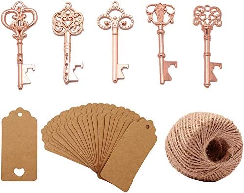 50pcs Rose Gold Skeleton Key Beer Bottle Opener With 100 Pcs Blank Card and 98 Feet Hemp Rope for Wedding Party Favors (mixed 5 styles Rose Gold)