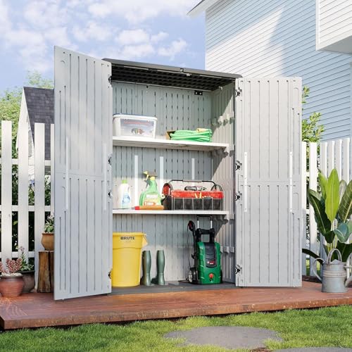 Image of Aoxun 1800L Tall Plastic Shed with Floor & 2 Adjustable Shelves (4 Height Settings), 190cm High Outdoor Storage Shed with Lockable Double Doors, Waterproof & UV Resistant for Garden Tools & Equipment