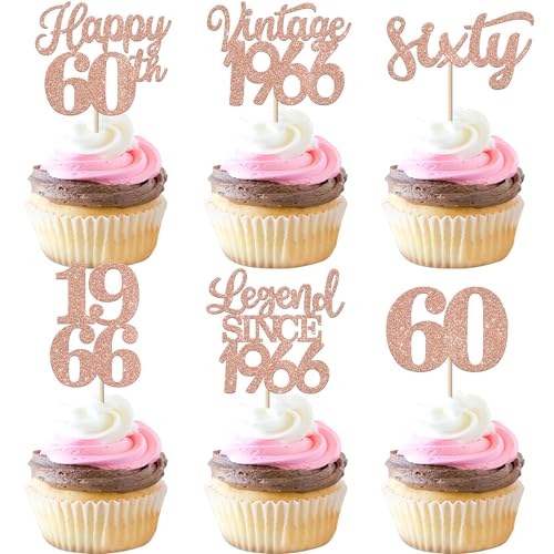 Rsstarxi 48 Pack Vintage 1966 Cupcake Toppers Legend Since 1966 Sixty Cupcake Picks Happy 60th Number 60 Cupcake Topper for 60th Birthday Wedding Anniversary Party Cake Decorations Rose Gold