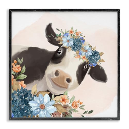 'Cute Daisy Blossoms Flower Crown Smiling Cow'| Framed Giclee Art