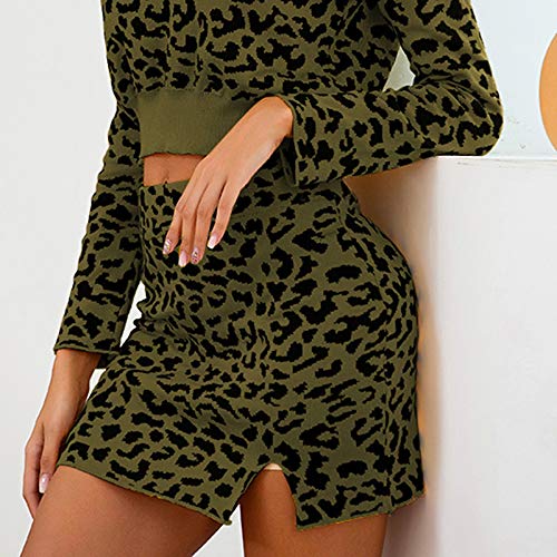 Andoer Moda feminina minissaia de malha leopardo elástica cintura alta fenda frontal slim outono inv