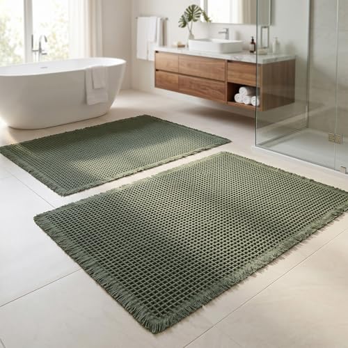 ZVFFDG Set of 2 Waffle Bathroom Rugs, Non Slip Absorbent Waffle Knit Bath Mat for Shower Floor, Tub and Bathroom Door, Ultra Soft Quick Dry, Olive Green, 17"x24"+18"x30"