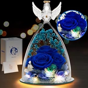 Mothers Day Rose Gifts for Mom, Preserved Flower Gifts for Grandma, 4 Blue Roses in Glass Angel Figurines with LED Light for Women, Mom gifts from Daughter, Ideal Mother’s Day, Birthday Gifts for Her