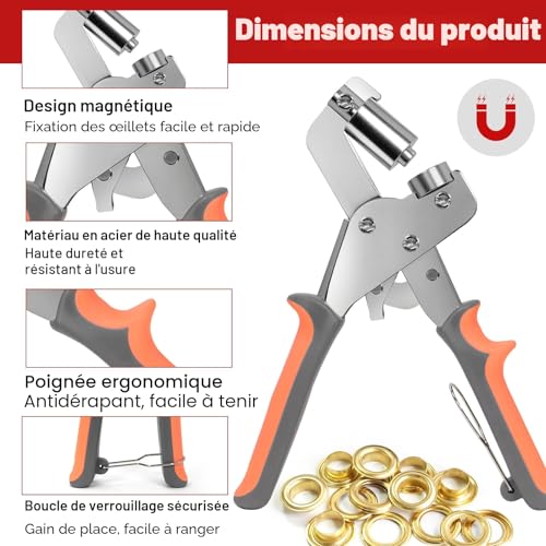 SBGGRL Kit de œillets avec poinçons de 6 mm et 10 mm, 500 pièces d'œillets en métal, ensemble d'outils de presse à rivets à pinces à œillets très résistant pour bâches, artisanat en cuir, tissus – vue 2