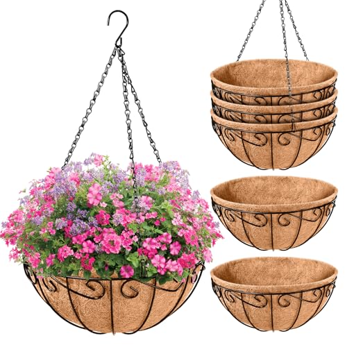 Legigo 6 Pack 14 Inch Metal Hanging Baskets for Plants Outdoor- Round Wire Hanging Planters Basket with Coconut Coir Liner, Hanging Flower Pot for Outdoor Plants Flowers Garden Decorations