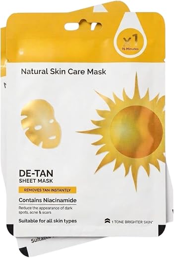 Natural Skin Care De-Tan Sheet Mask with Niacinamide, Removes Tan Instantly, Reduces Dark Spots, Suitable for All Skin Typ...