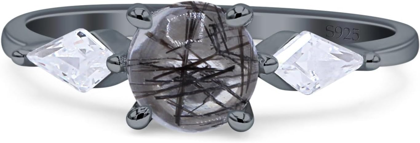 OMRANII Three Stone Ring Art Deco Two Kite Shape Accent Round Natural Rutilated Quartz Statement Wedding Engagement Ring Solid 925 Sterling Silver Ring