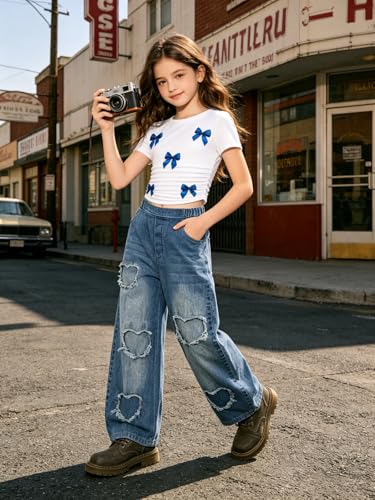 Image of Size 7-14 Years Girls 2 Piece Outfits Bow Short-Sleeved Top and Jeans Pants Clothing Set