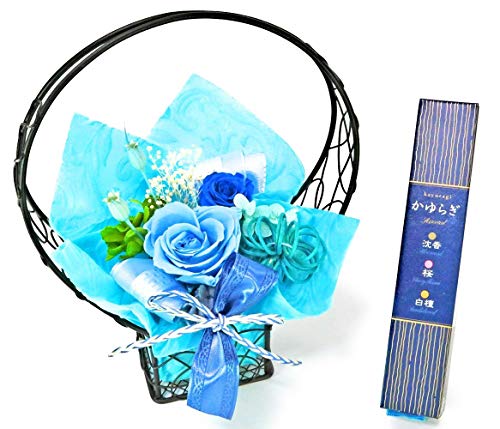 【NICHIFLRO】ニチフロ プリザーブドフラワー 和風 お供え 日本香堂 お香 かゆらぎ 枯れない花 フラワーアレンジ 日本製 花音 (ブルー, お香セット)