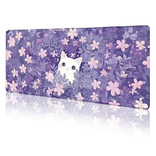 LIMKRIAN Cat Purple Mouse Pad Large Desk Mat, Kawaii Purple Computer Mousepad with Stitched Edges Non-Slip, Keyboard Mouse Pad for Desktop Cute Office Supplies Desk Decor Accessories 31.5x11.8 in