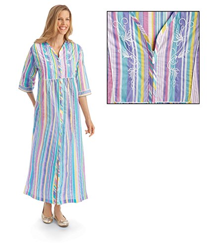 Collections Etc Women's Pastel Striped Lounger With Zip Front And 3/4" Long Sleeves, X-Large Multicolored #TOP2