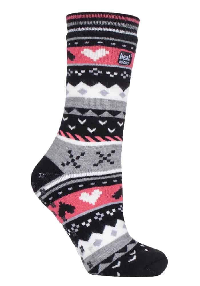 HEAT HOLDERS - Ladies Soul Warming Thick Cosy Fairisle Nordic Winter Non Slip Thermal Slipper Socks with Grippers (4-8 uk, Black/Coral (Soul))