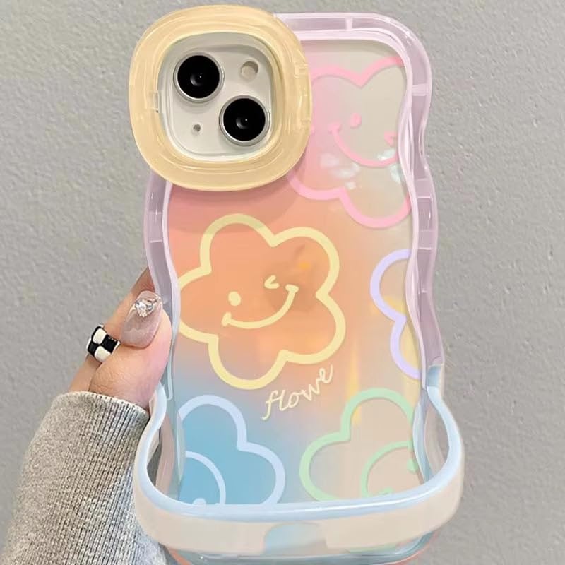 Image of COVERLY 3D Cute Creative Smiley Flower Cartoon Emoji Face Floral Decor Wave Curly Edge Invisible Double Phone Stand Holder Hard Happy Smile Cover Girly Charm Case for Apple iPhone 17 (Multi Color)