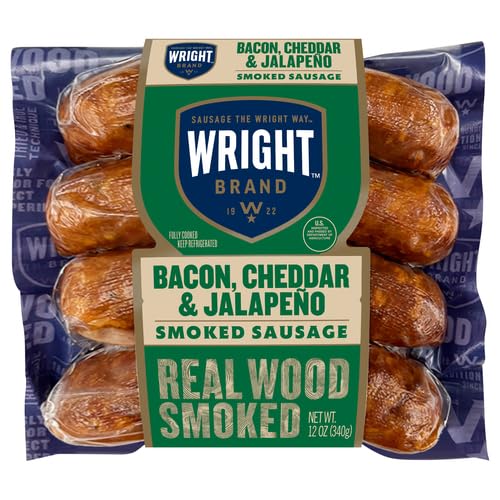 Wright Brand Real Wood Smoked Bacon, Cheddar & Jalapeño Smoked Sausage, 12 Oz (4 Count)