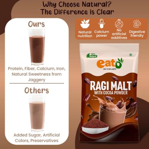 Image of Eat5 Chocolate Ragi Malt Health Drink | Sprouted Millet with Cocoa | High Calcium & Iron | No Added Refined Sugar | Healthy Drink for Kids & Adults (300 g) (Chocolate)