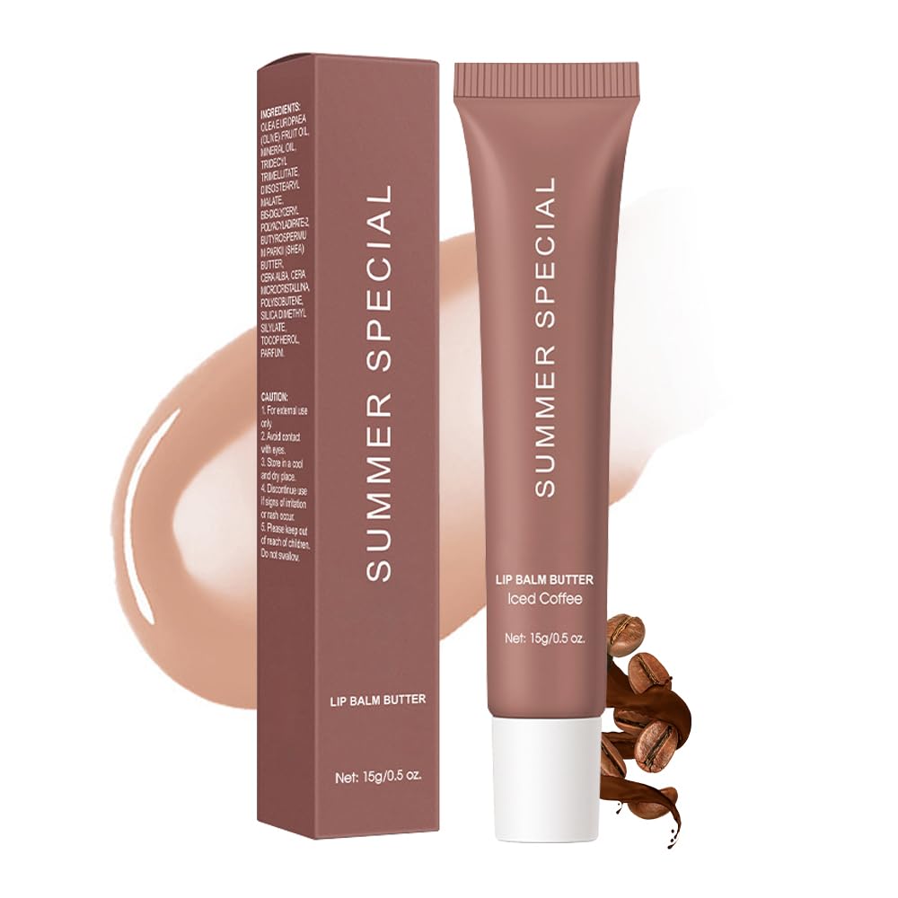 Summer Lip Glossy Butter Balm, Instant Moisture Sheer Tint, Non-Sticky, Conditioning Formula to Soothe & Repair Dry, Chapped Lips, Jelly Lip Stain with Natural Scent (#3Iced Coffee, 1Pc)