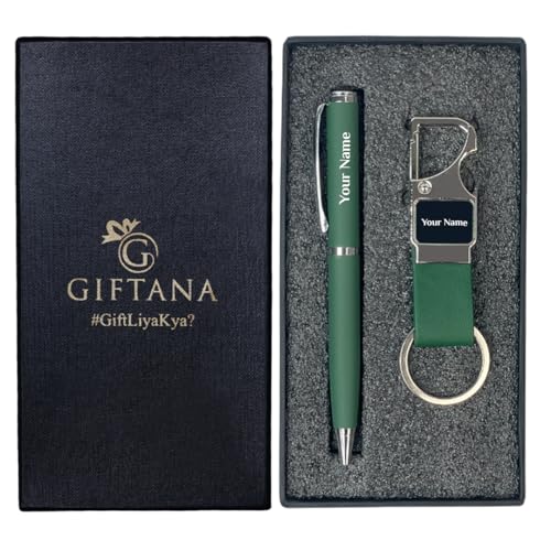 Giftana Personalized Pen and Keychain with Name, Customized Bottle Opener Keychain and Pen Set for Men and Women, Birthday Gift for Husband, Father, 2-in-1 Corporate Gift Set for Employee (Green)