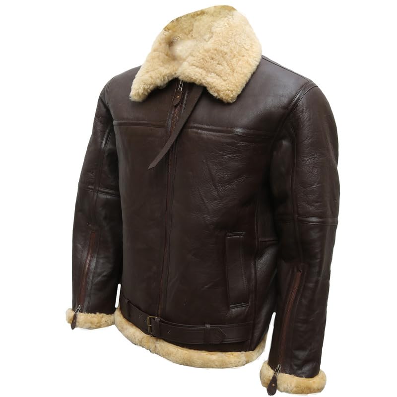 Men's Real Sheepskin Shearling Bomber Jacket – Vintage Aviator Flight Leather Jacket with Fur Collar & Belt4