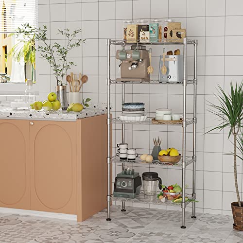 C&Ahome 5-Tier Metal Shelving Unit With Liner, Storage Rack With Adjustable Shelves, Heavy Duty Shelf With 4 Hooks And Leveling Feet Ideal For Kitchen, Bathroom 23.6"L × 12.8"W × 60.5"H Silver Uwsu05S #TOP4
