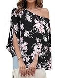 VIMPUNEC Womens Off The Shoulder Flowy Tops Casual Batwing Sleeves Blouses Loose Chiffon Shirts Floral 6 XL