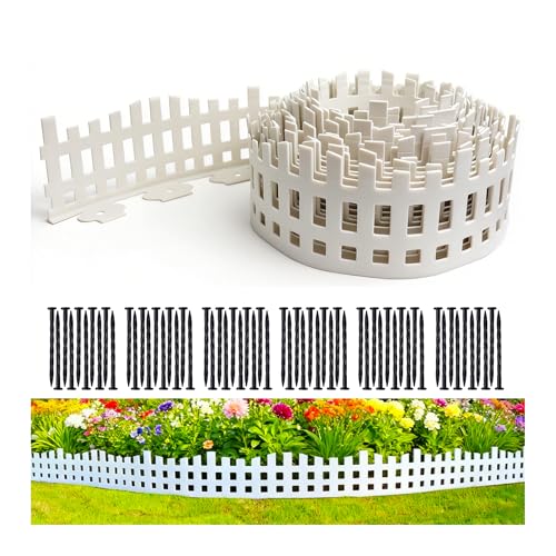 Garden Edging 33FT LOLEDE 4.7IN Tall White Landscape Edging Border with 60 Stakes Flexible Plastic Lawn Edging for Yard Flower Beds Tree Rings Walkways & Garden BordersPicket-White