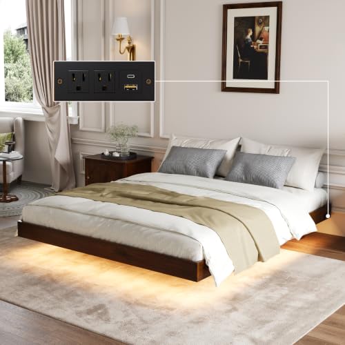 Novilla Floating Solid Wood Full Size Bed Frame with Motion Sensor LED Light & Charging Station, Heavy Duty Platform Bed Frame, Noise-Free, No Box Spring Needed, Walnut