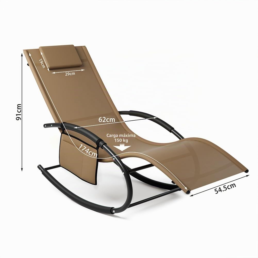 BAKAJI Silla Mecedora de jardín, Tumbona de Gravedad Cero, con Revestimiento de textileno con reposacabezas, sillón para Exteriores e Interiores, balcón, Patio, terraza (marrón)