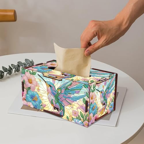 Image of DIY Hummingbird Diamond Painting Tissue Box, Colorful Floral Rhinestone Diamond Art Wooden Napkin Holder, Decorative Crystal Rhinestones Art Box for Home Organizer, 22.5x12.7x10.5cm