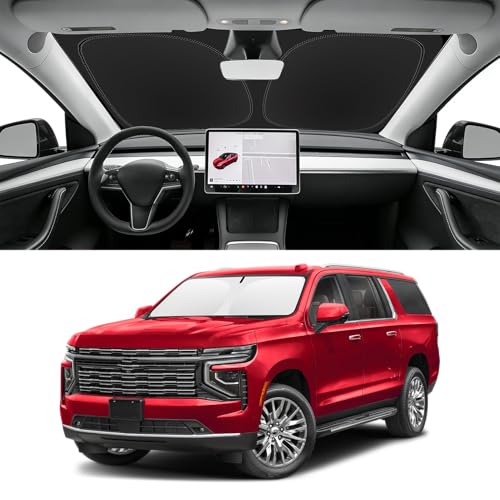 Image of Custom Fit Windshield Sun Shade for Chevy Suburban 2021-2026 | Blocks UV Rays and Sun Heat, Helps Reduce Interior Temperature, Protects Dashboard from Fading, Folds Easily for Storage
