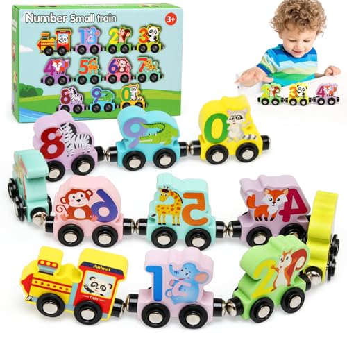 BelleStyle Tren Magnetico Juguete Madera Montessori 2 Años, Animales Juegos de Trenes de Madera con Números Aprendizaje Temprano Juguetes Educativos Regalos para Niños Niñas 1 2 3 4 Años