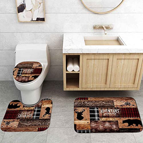 CamilleAndrew-4PCS-Cabin-Shower-Curtain-Set-Bear-Deer-Elk-Moose-Woodland-Animal-Hunting-Lodge-Patchwork-Red-Black-Buffalo-Plaid-Christmas-Country-Rustic-Farmhouse-Bathroom-Decor-Non-Slip-Bath-Mat CamilleAndrew 4PCS Cabin Shower Curtain Set Bear Deer Elk Moose Woodland Animal Hunting Lodge Patchwork Red Black Buffalo Plaid Christmas Country Rustic Farmhouse Bathroom Decor Non Slip Bath Mat