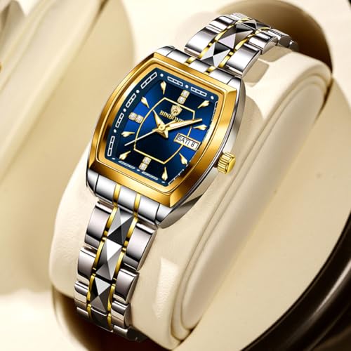 Image of BINBOND Square Watches for Women Analog Quartz Day Date Ladies Wrist Watch Diamond Stylish Stainless Steel Dress Womens Watch Elegant Luminous Waterproof