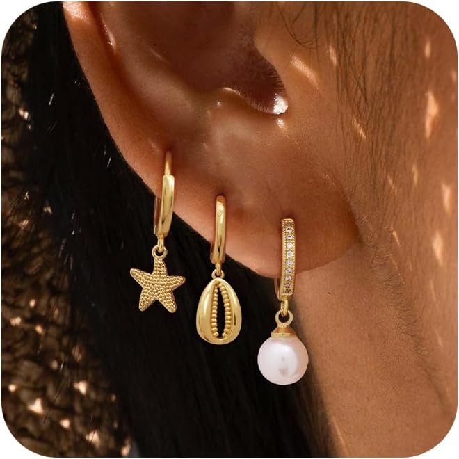 SELFROSE Stack Earrings For Women,Dainty 14K Gold Plated Pearl Hoop Huggie Earring Set Cute Chain Cartilage Earring Stack Trendy Hypoallergenic Long Drop Stud Earrings Jewelry