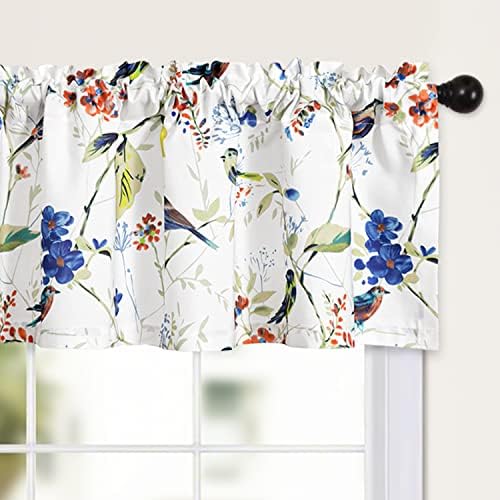 Leeva Short Curtains for Windows, Rod Pocket Vintage Birds Short Window Curtains and Drapes for Living Room, 52x12, Blue, One Panel