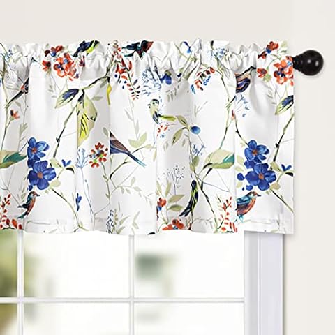 Leeva Short Curtains for Windows, Rod Pocket Vintage Birds Short Window Curtains and Drapes for Living Room, 52 x 12, Blue, One Panel Cover