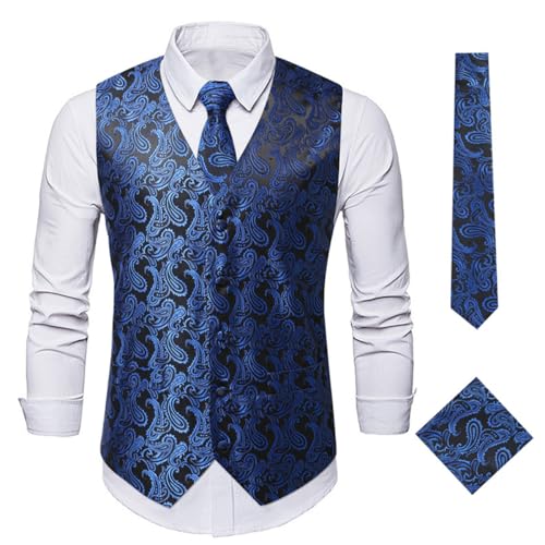 YFFUSHI Mens Vest Floral V Neck Waistcoat 3 Piece Set Single Breasted Formal Vest With Tie And Pocket Square Suit Accessories