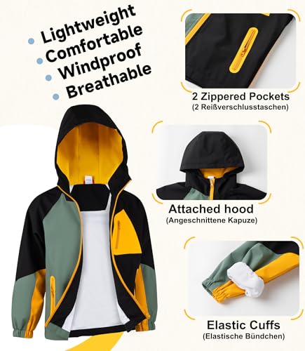 ALXHUTE Regenjacke Jungen Übergangsjacke Wasserdicht Kinder Softshelljacke Farbkontrast Jacke Mit Kapuze Gelb DE: 116-122 (Herstellergröße 120)