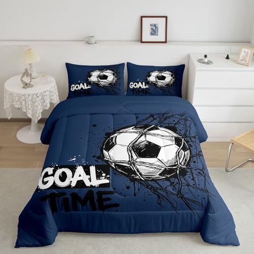 Image of Feelyou Soccer Kids Comforter Set Queen Size Soccer Ball Game Bedding Set Blue Gaming Sports Duvet Quilt for Kids Boys Girls Bedroom Gift for Football Lover Decor Microfiber Ultra Soft Breathable